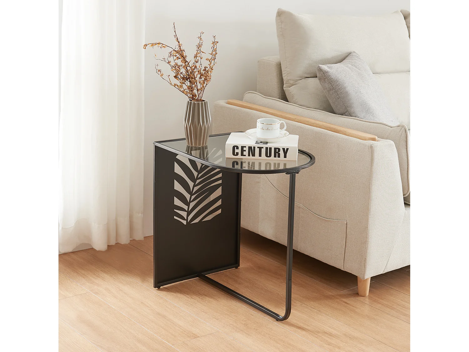 Table d'Appoint Moderne - Design C-Shape avec Motif Feuillage
