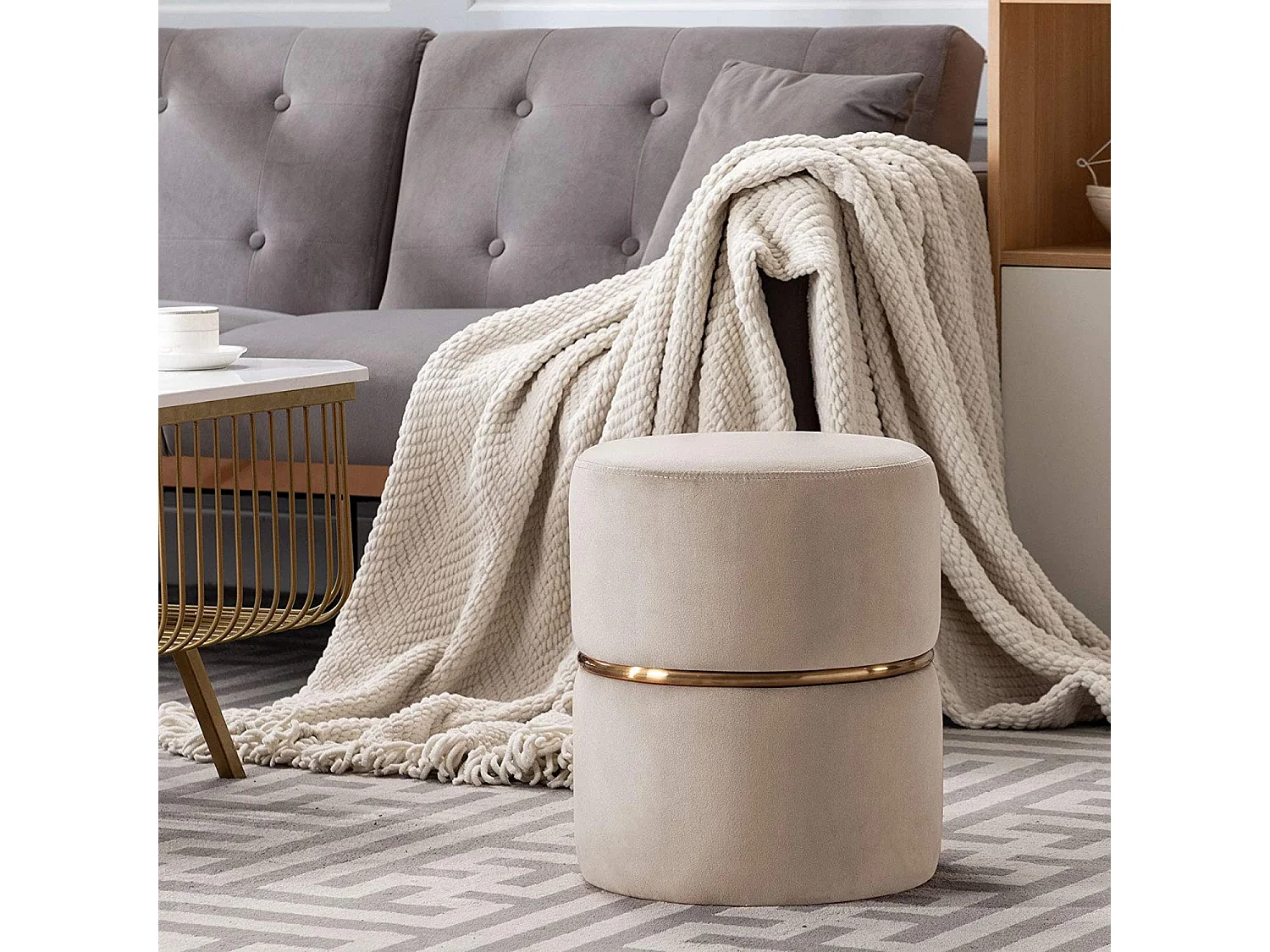 Pouf Cylindrique en Velours - Bandeau Doré Design Contemporain