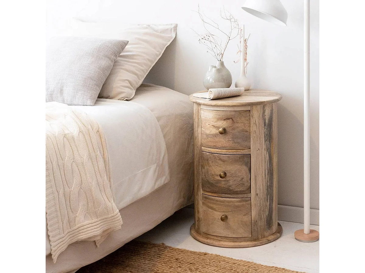 Table de Chevet Ronde en Bois Naturel - 3 Tiroirs Style Rustique
