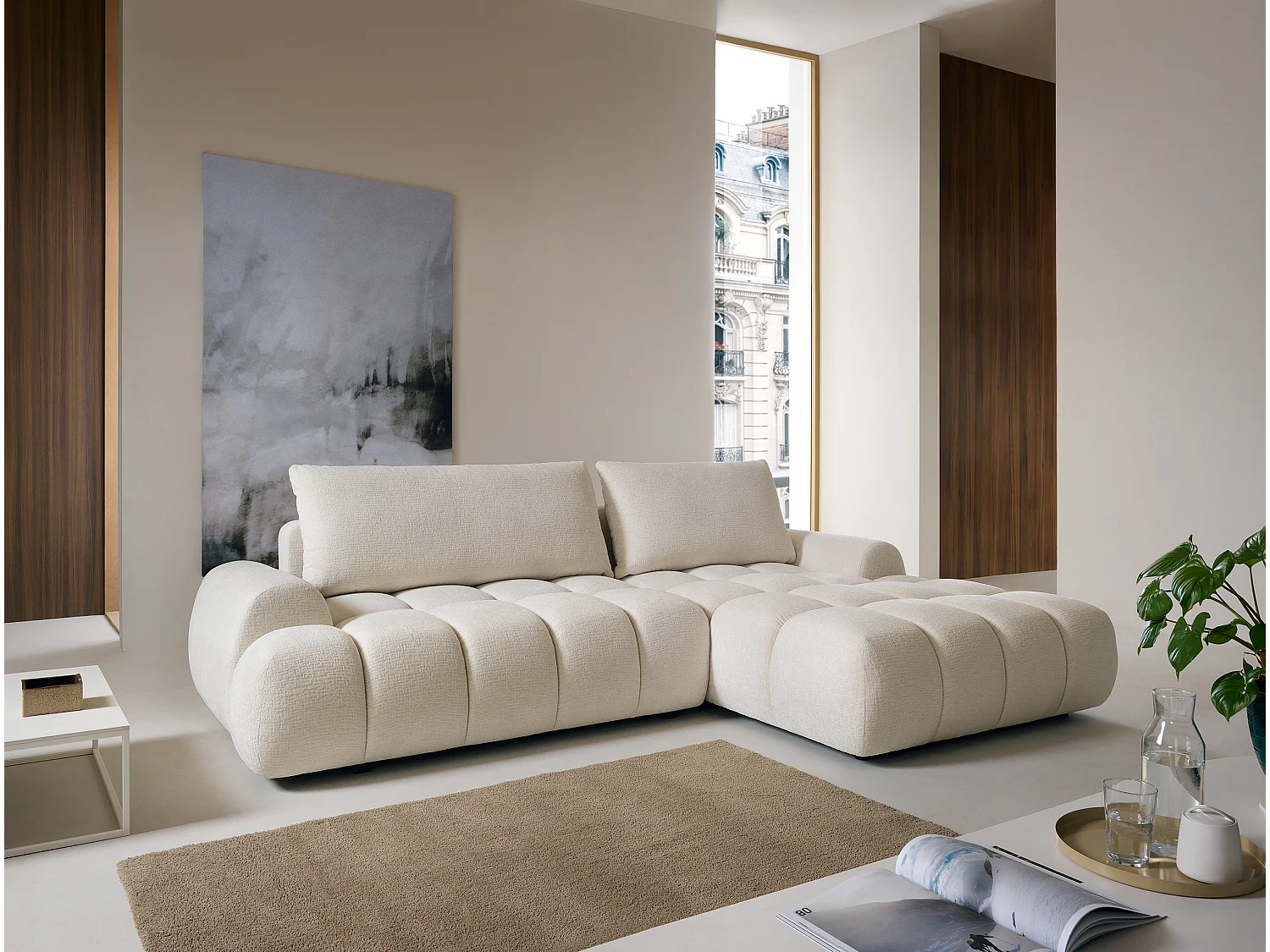 Canapé d'Angle Design - Capitonnage Bubble Tissu Texturé Crème